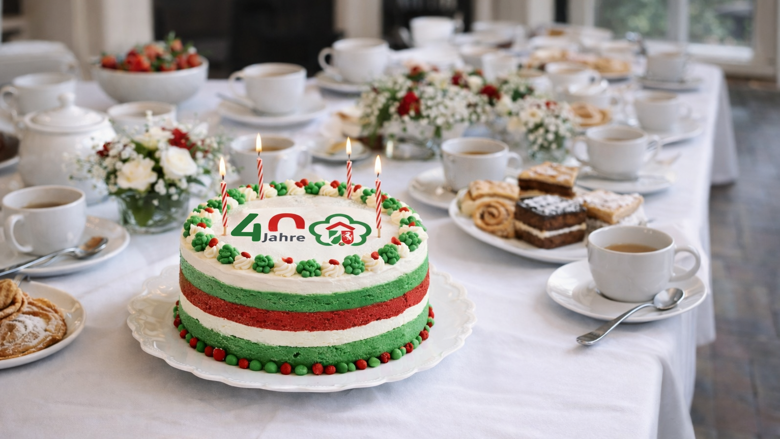 Eine Torte mit dem Logo der NRW-Stiftung steht auf einem Tisch mit einer gedeckten Kaffeetafel