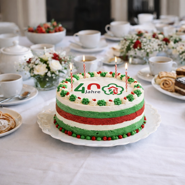 Eine Torte mit dem Logo der NRW-Stiftung steht auf einem Tisch mit einer gedeckten Kaffeetafel